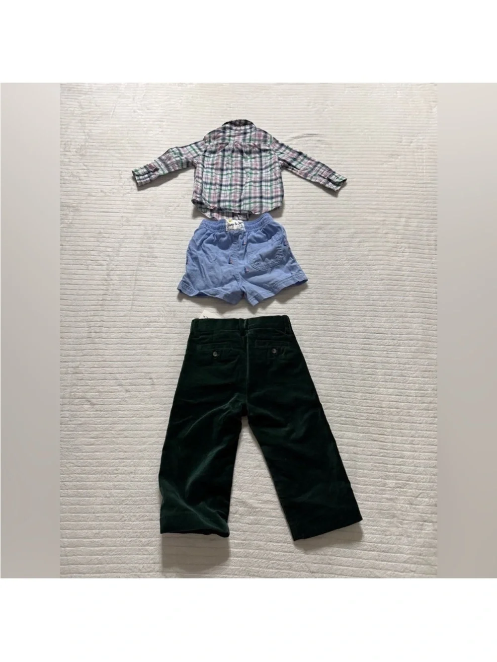 Janie and Jack Green Corduroy Pants with Blue Shorts and Plaid Shirt
